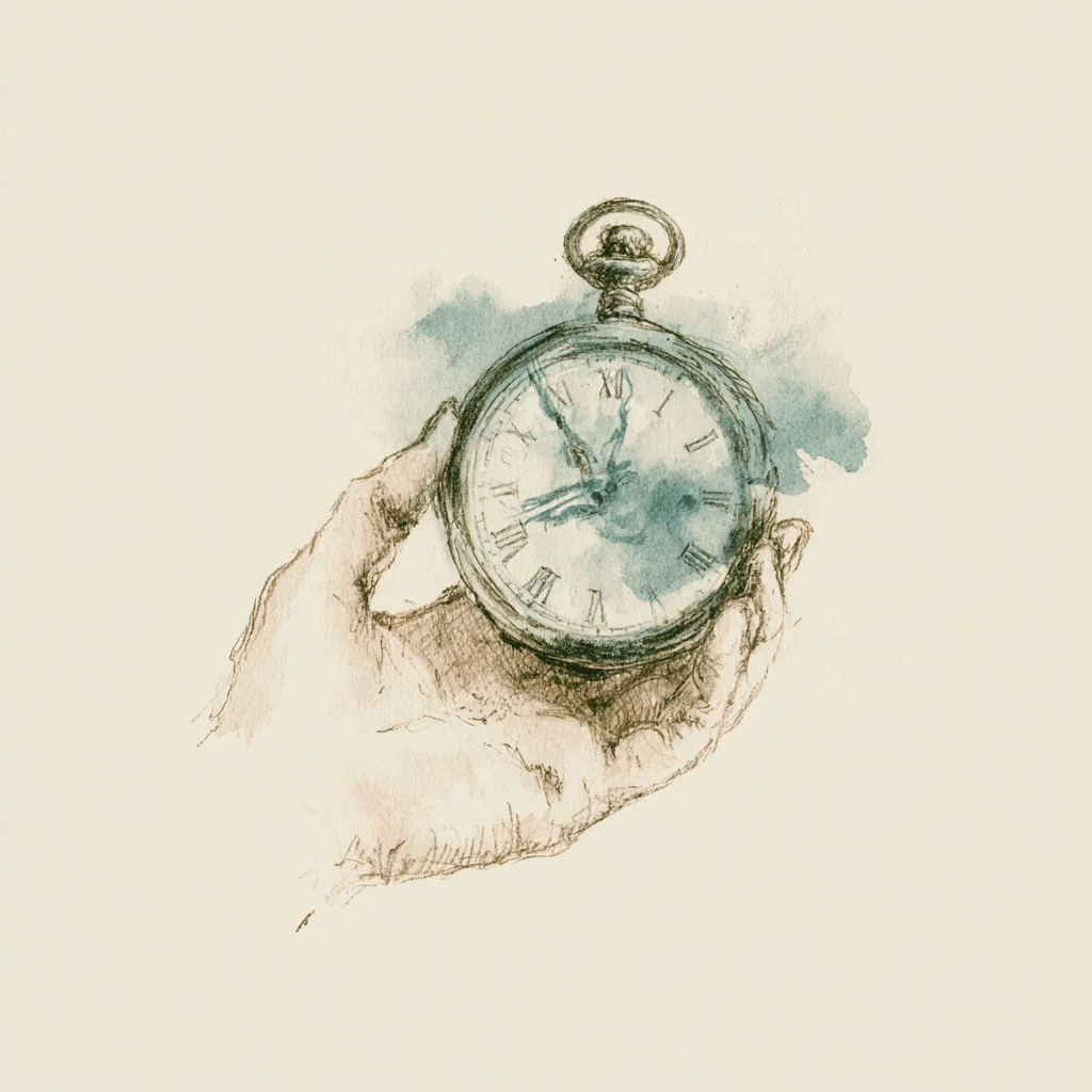 Hand-drawn editorial illustration of a clock with multiple ghosted hand positions, suggesting time perception that does not settle on one truth