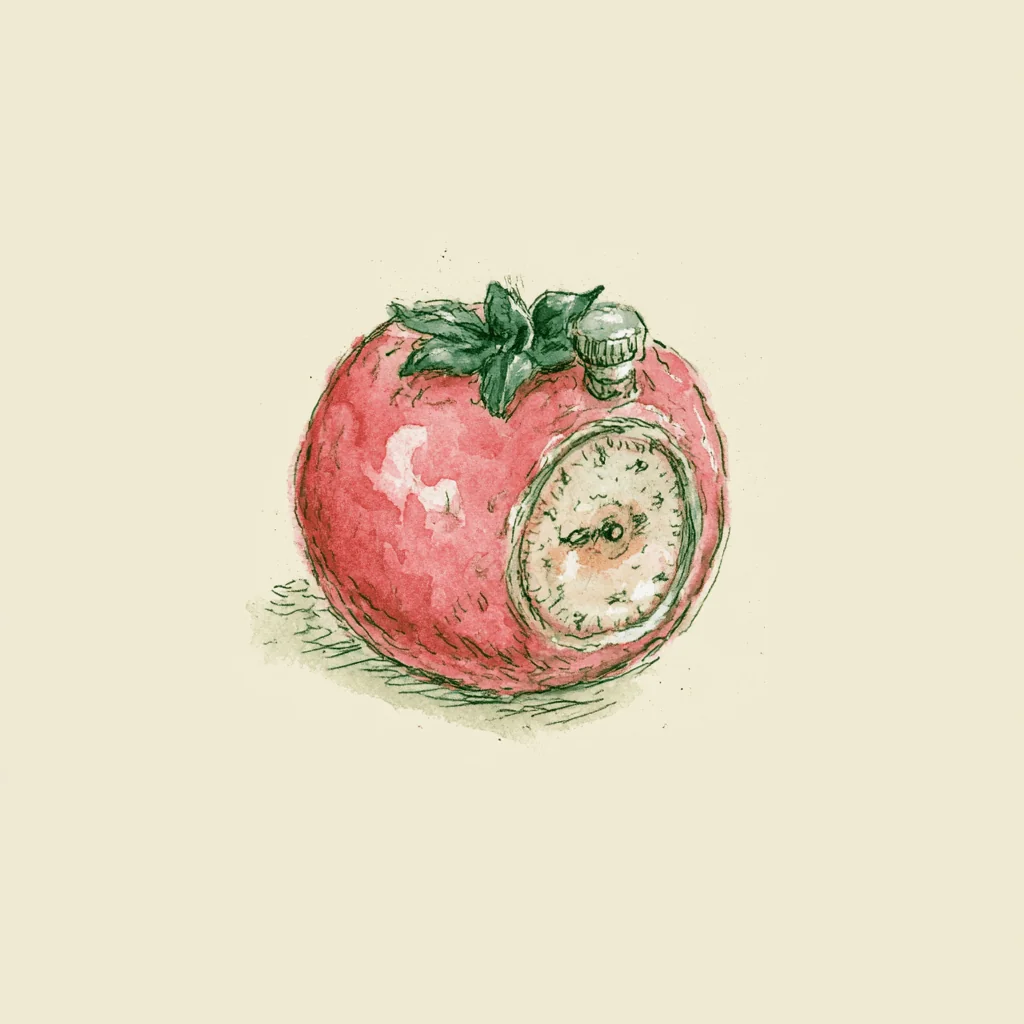 Hand-drawn editorial illustration of a vintage tomato-shaped kitchen timer with the dial set to an ambiguous position, suggesting an arbitrary and ill-fitting interval