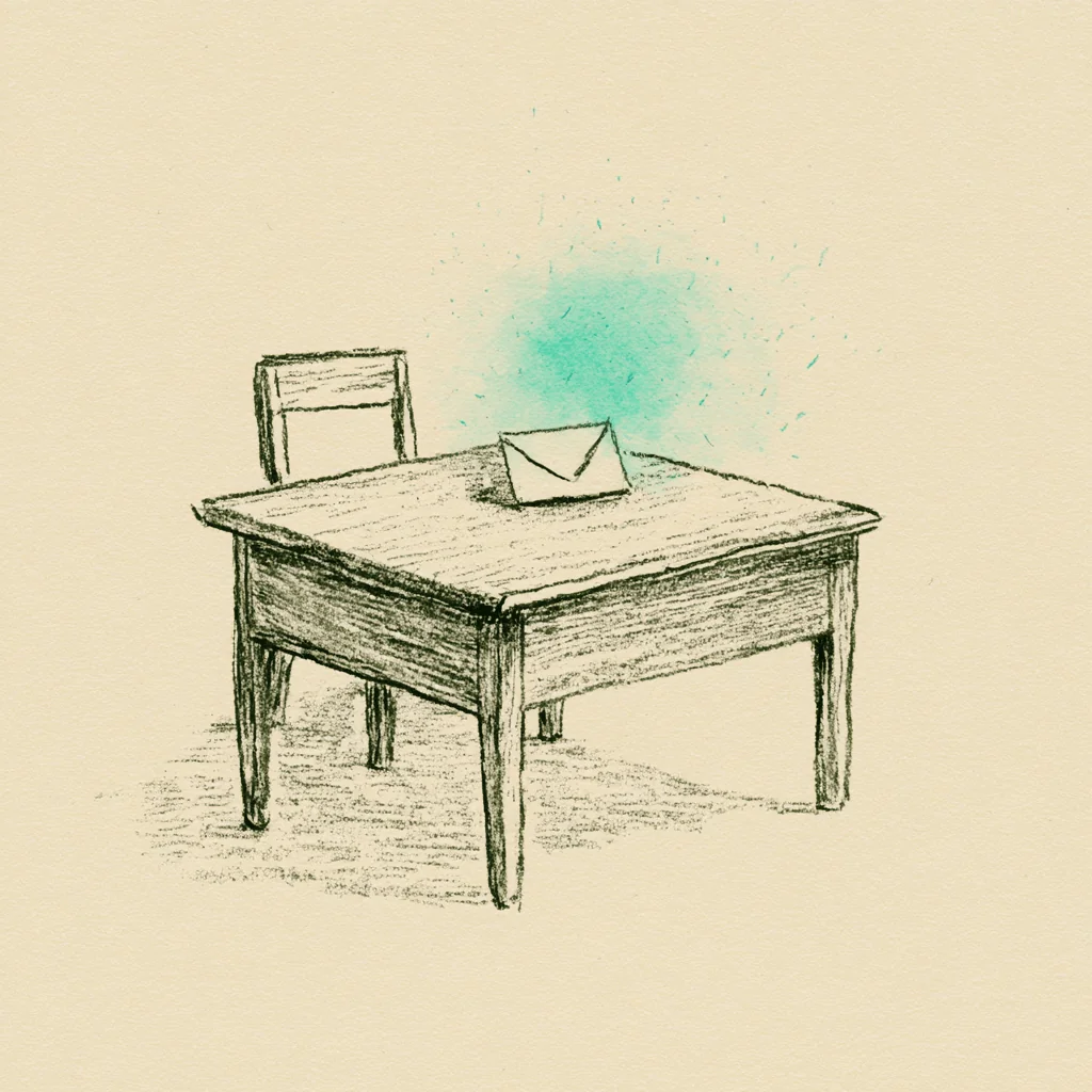 Hand-drawn editorial illustration of an empty desk with a single small object that looms larger than it should, suggesting the activation-energy barrier of starting