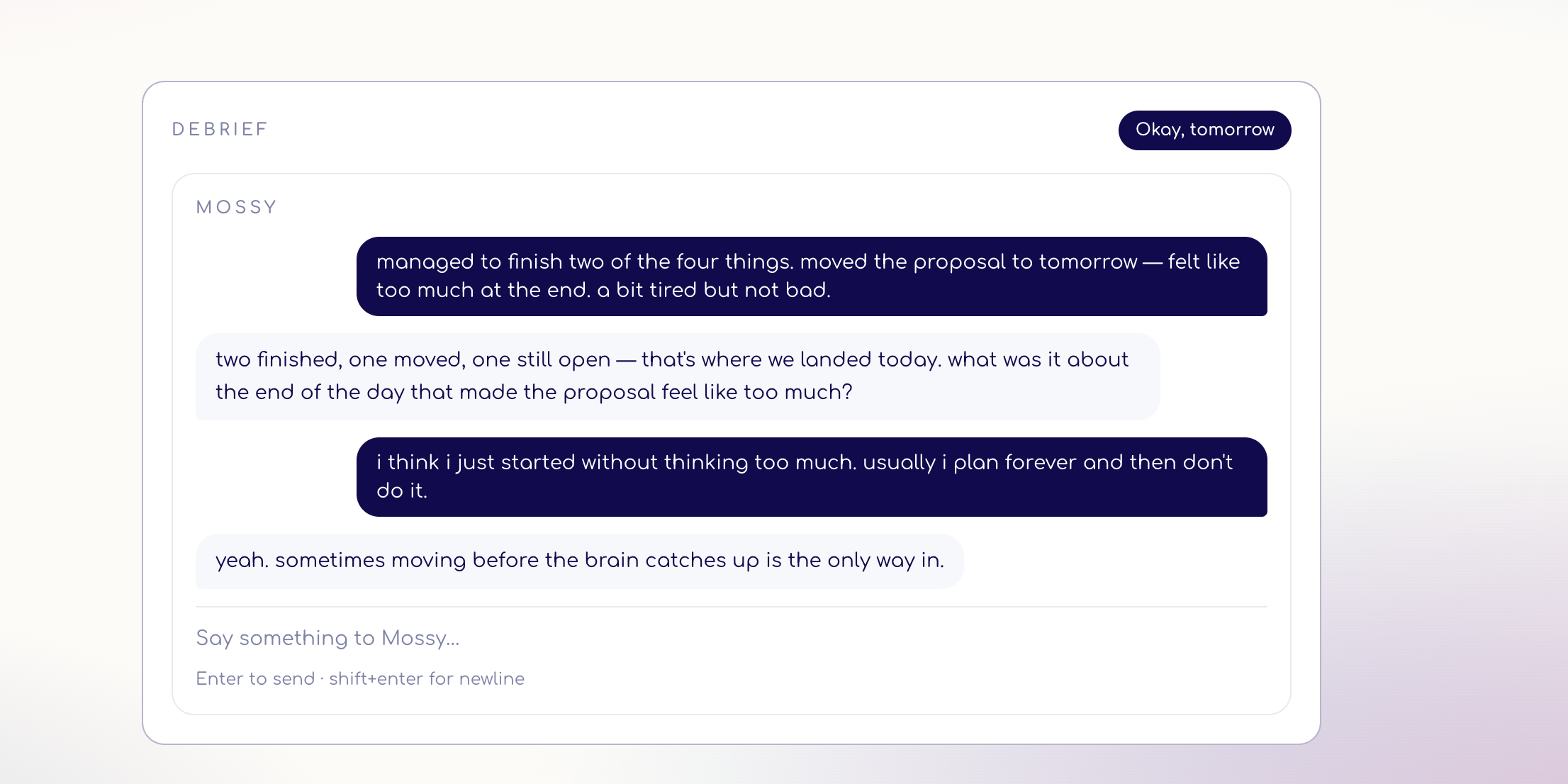 Mossy daily debrief - evening conversation to close the day