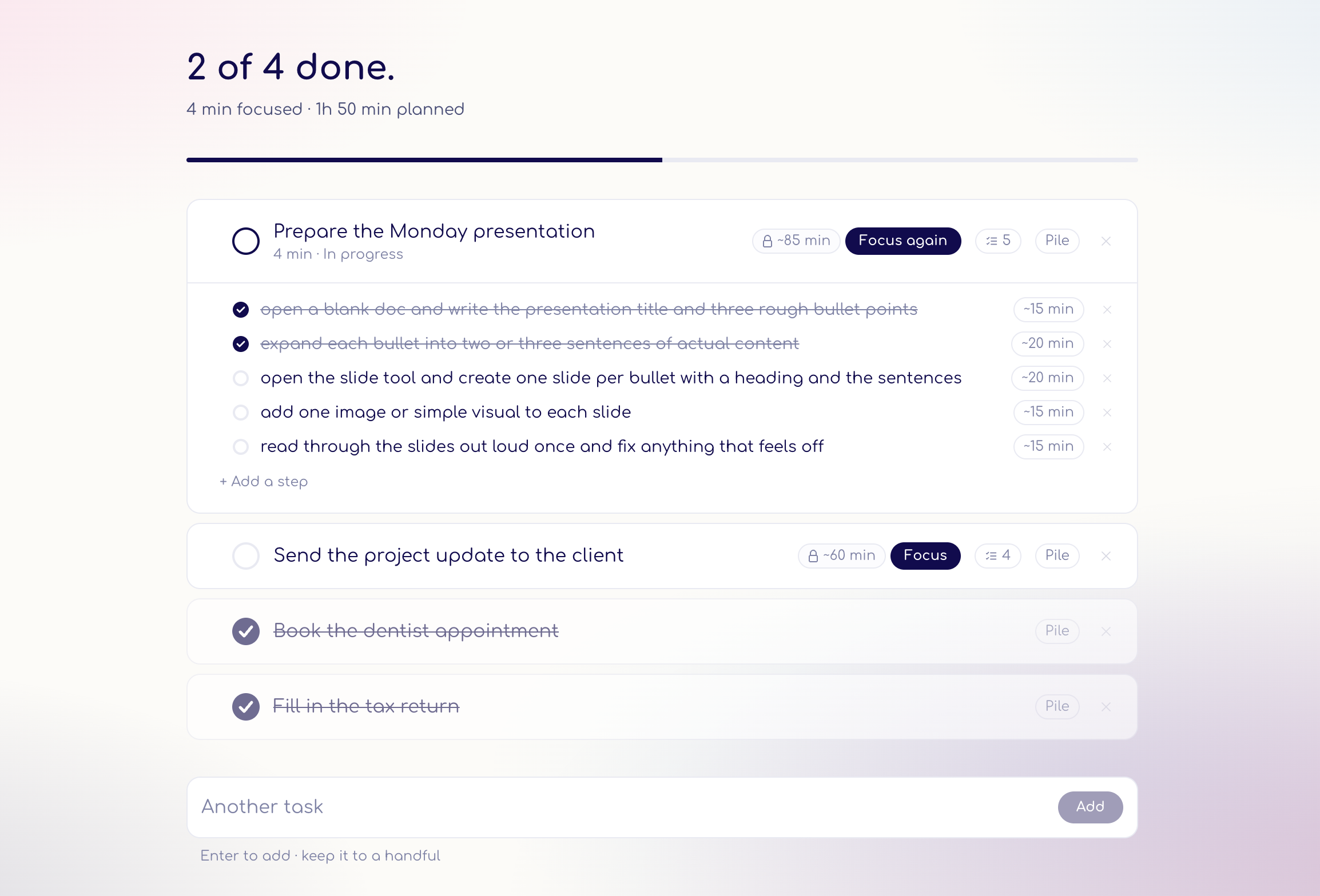 Mossy day planner - a task with subtasks broken out, each step showing its own time estimate